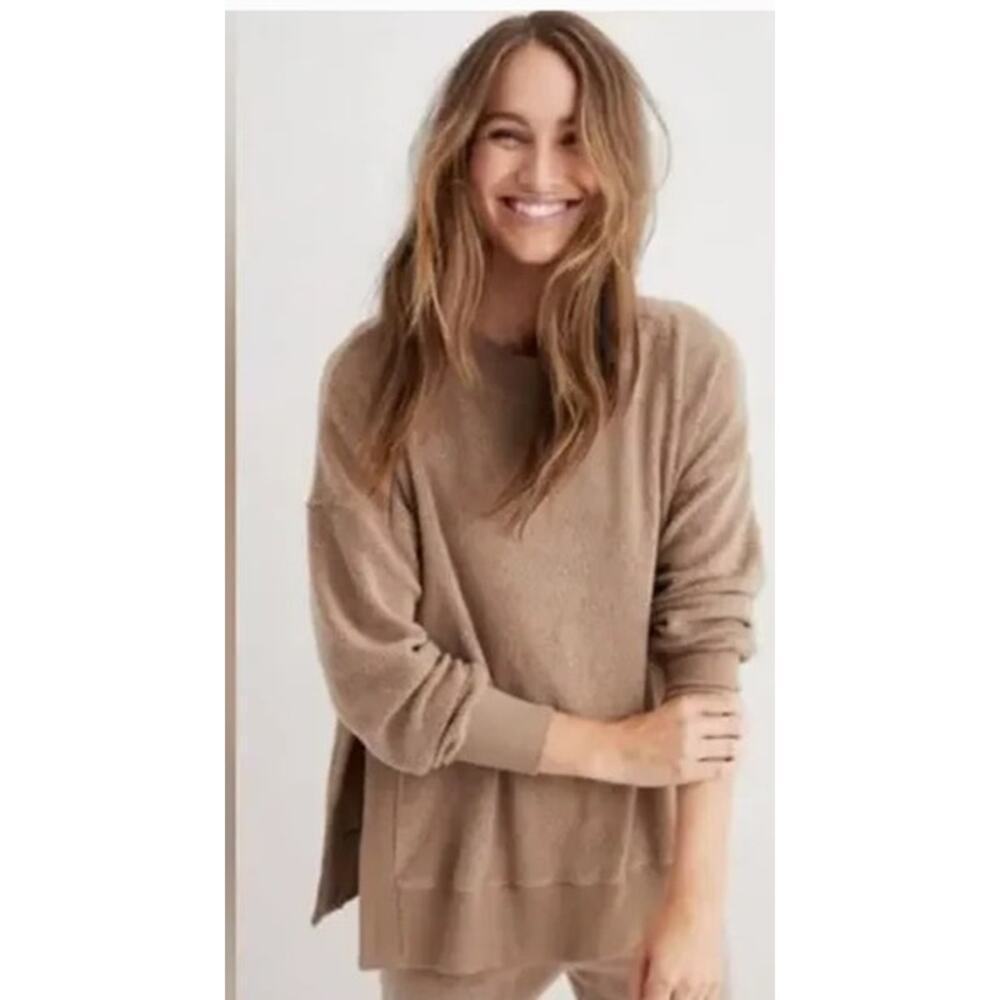 Aerie Cozy Brown Slit Sides Crewneck Sweatshirt Size Small